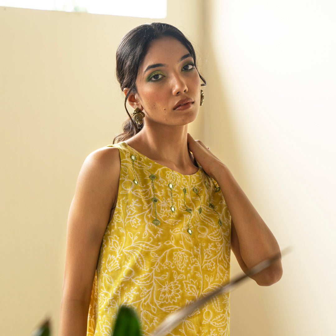 Chartreuse green hand block printed straight fit dress with V neck with embroidery detail neckline