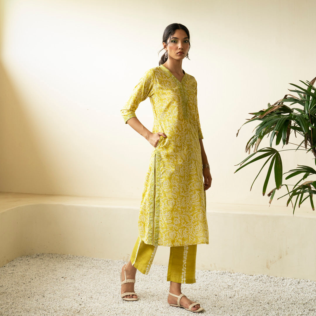 Chartreuse green hand block printed straight fit kurta paired with tie dye trouser set
