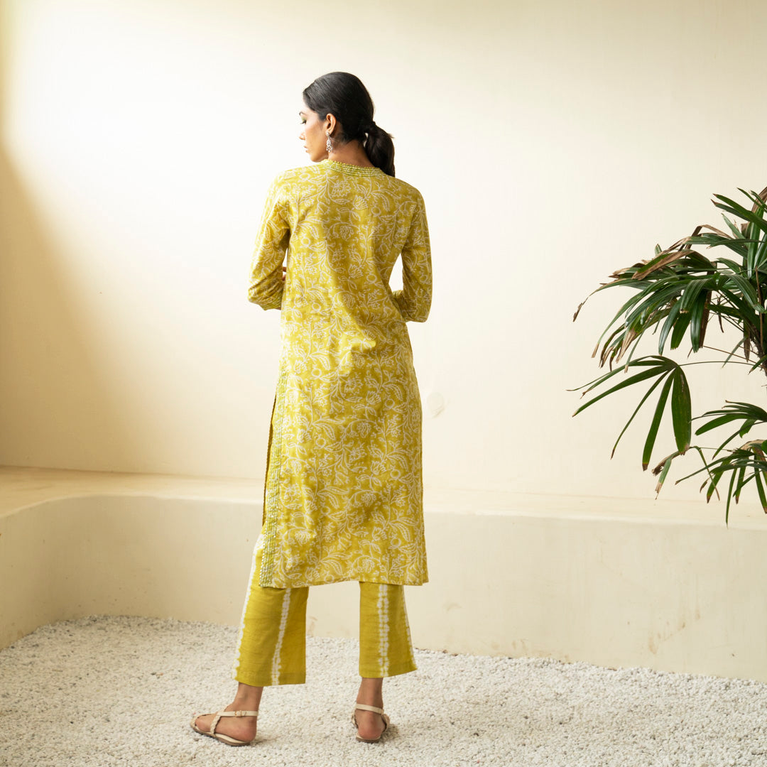 Chartreuse green hand block printed straight fit kurta paired with tie dye trouser set