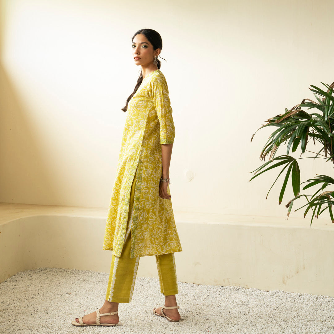 Chartreuse green hand block printed straight fit kurta paired with tie dye trouser set