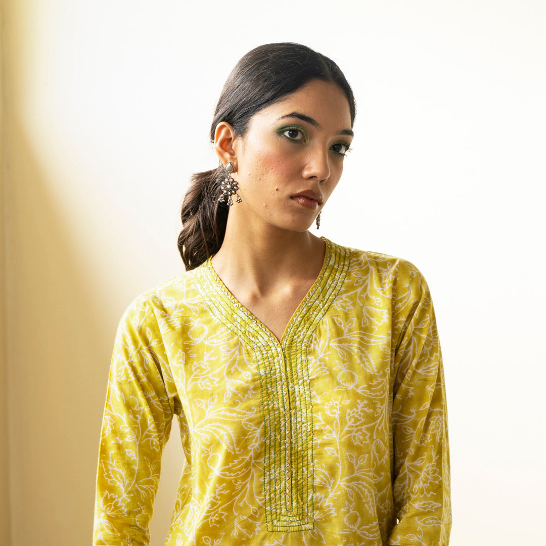 Chartreuse green hand block printed straight fit kurta paired with tie dye trouser set