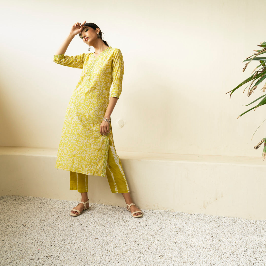 Chartreuse green hand block printed straight fit kurta paired with tie dye trouser set