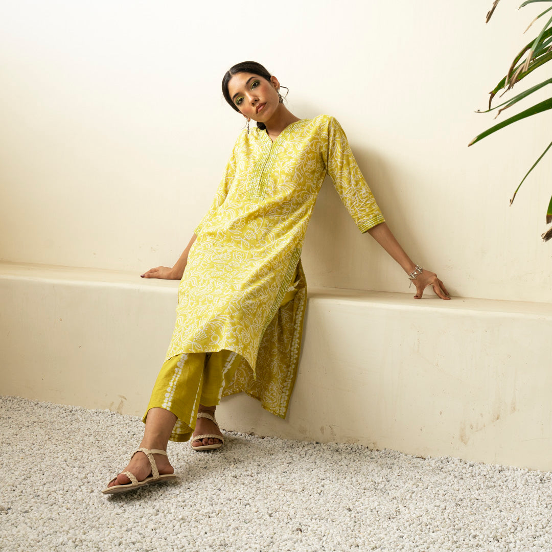 Chartreuse green hand block printed straight fit kurta paired with tie dye trouser set