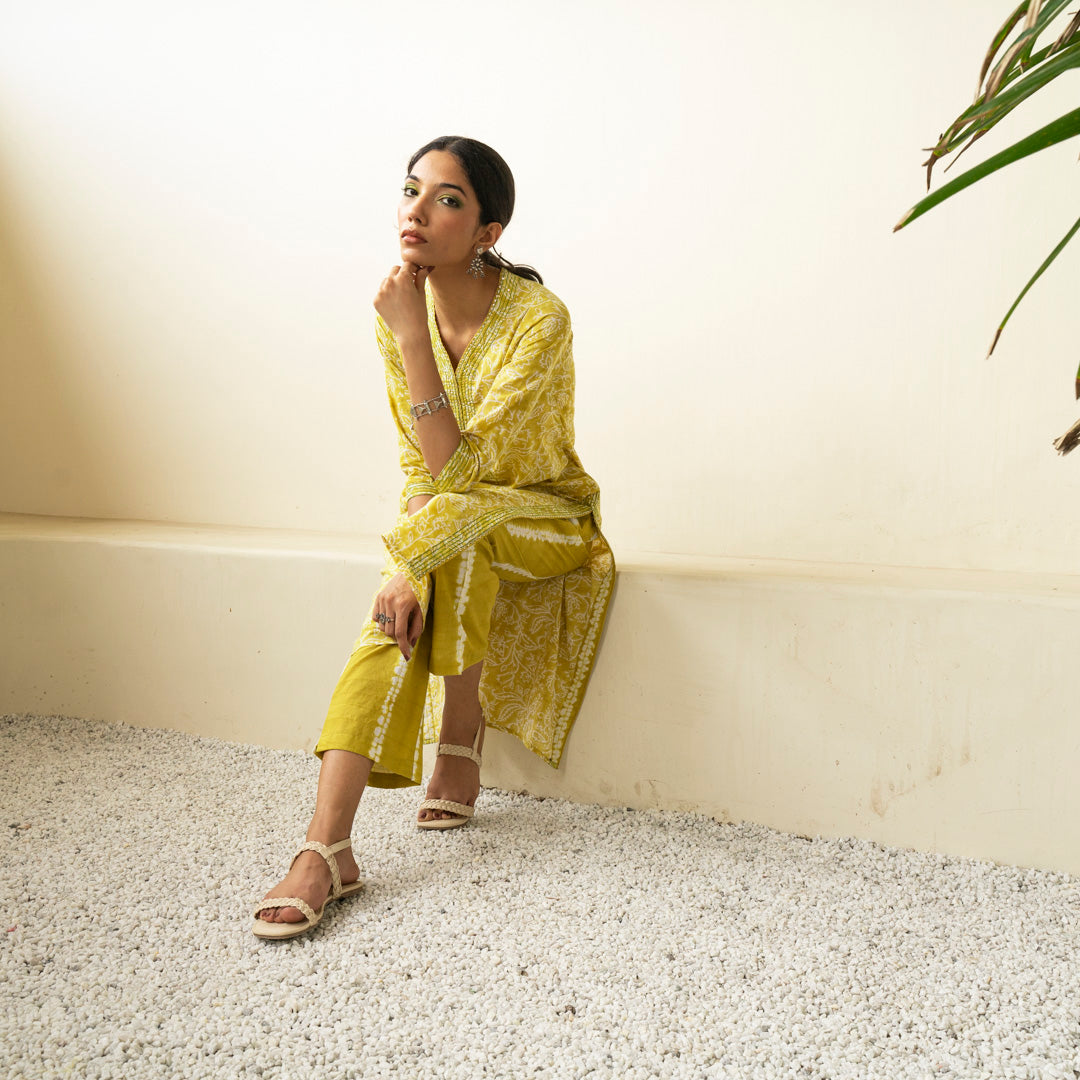 Chartreuse green hand block printed straight fit kurta paired with tie dye trouser set