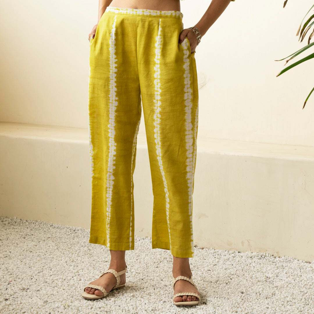 Chartreuse green shibori tie dye straight fit trousers