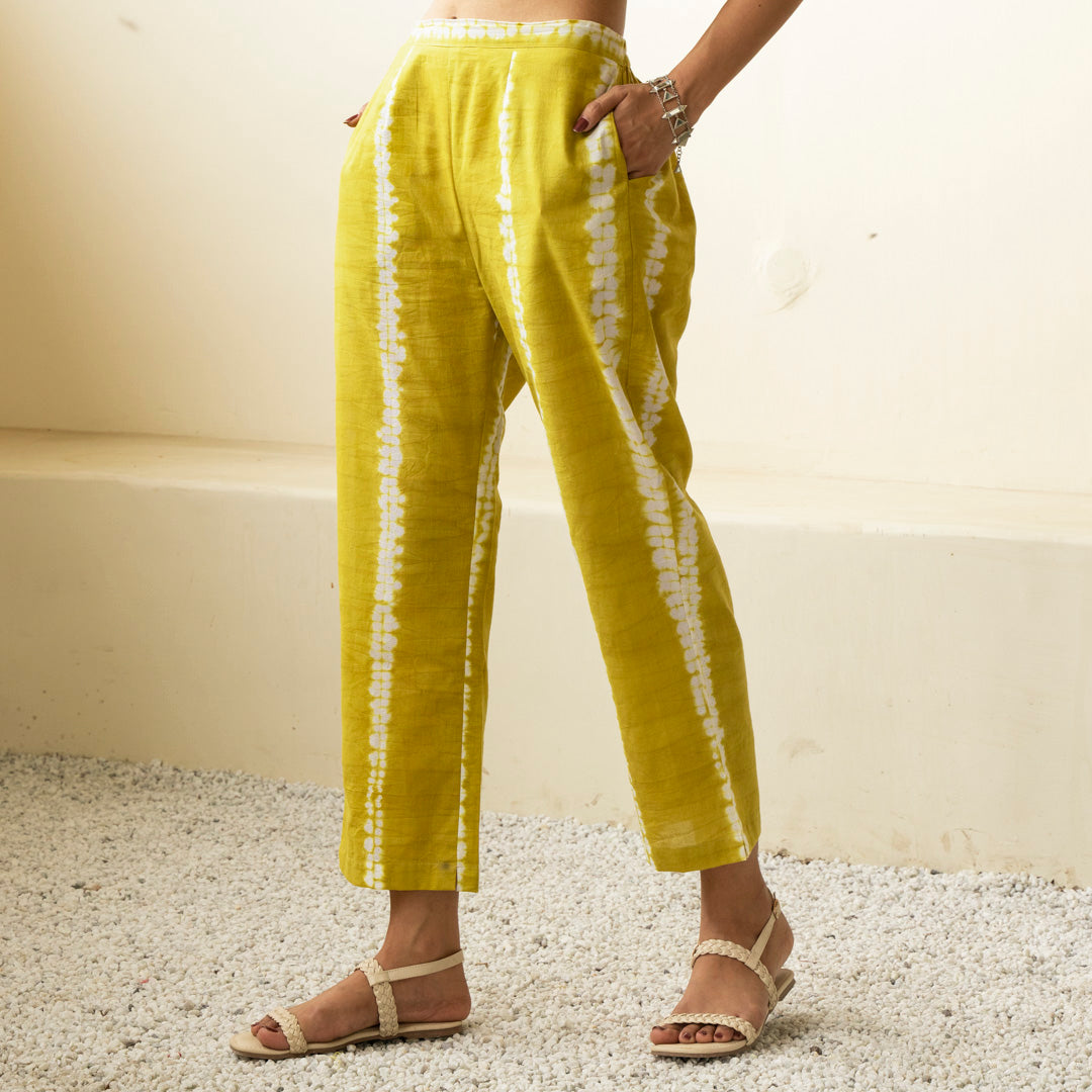 Chartreuse green shibori tie dye straight fit trousers