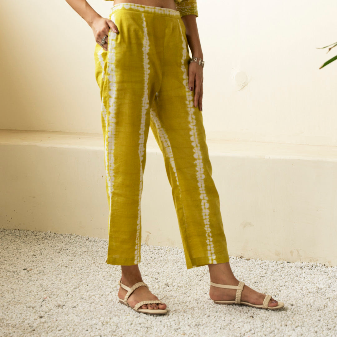 Chartreuse green shibori tie dye straight fit trousers