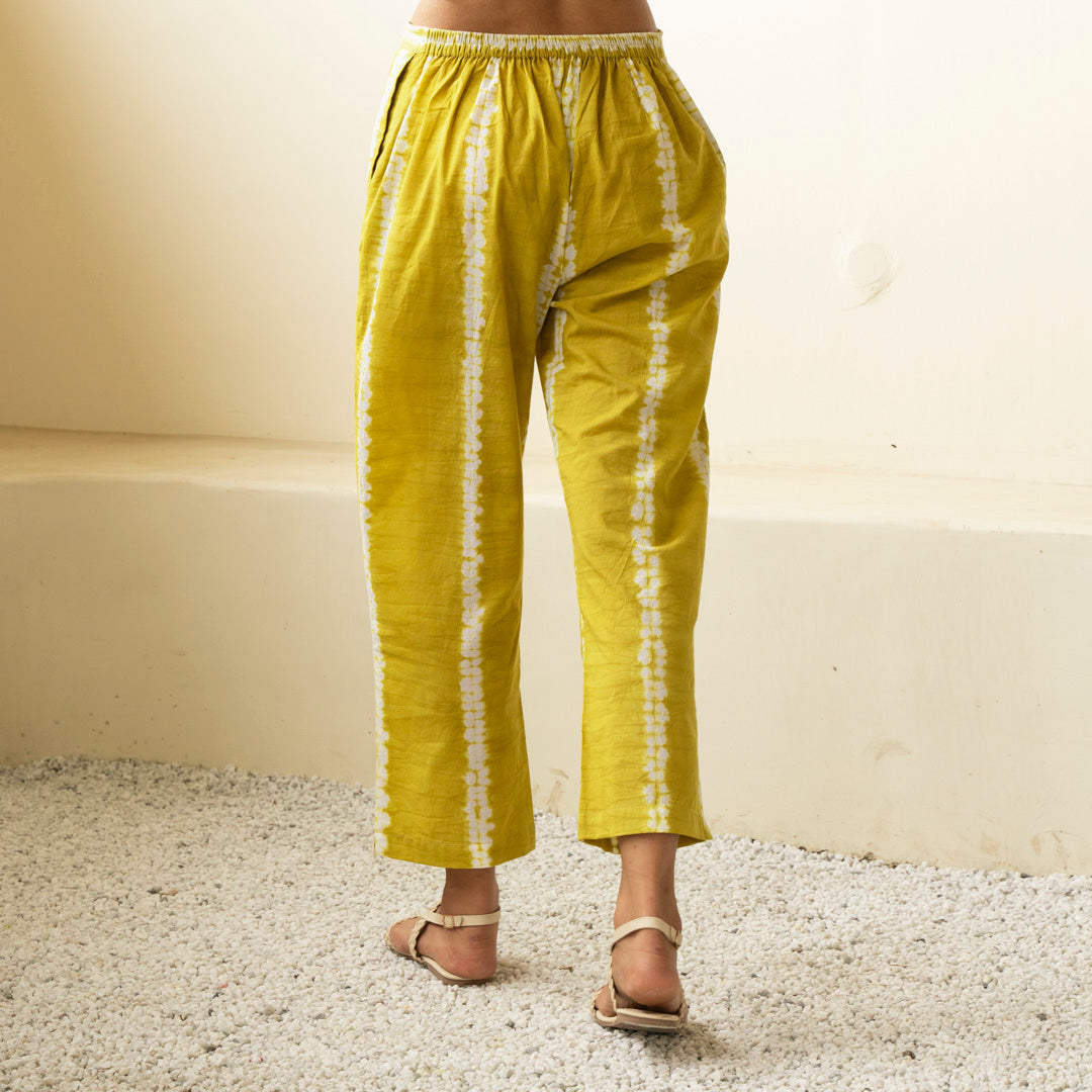 Chartreuse green shibori tie dye straight fit trousers