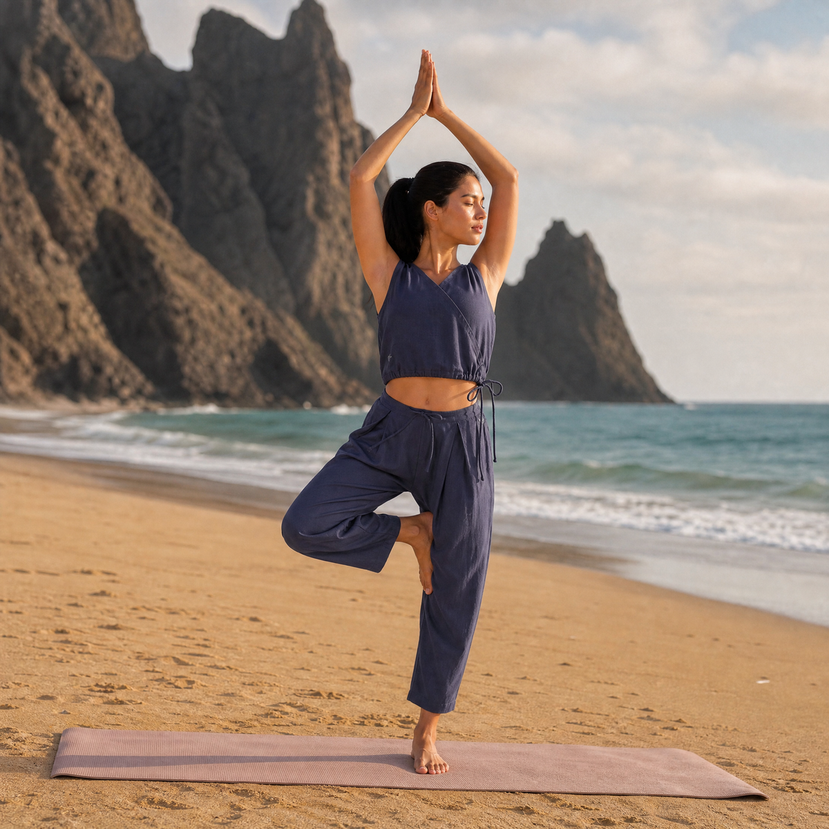 Sama Yoga Set of 2 (Top & Pants) 100% Cotton Sleeveless V Neck Short Top with Side Tie and mid waist pants Elasticised back tapered fit with box pleats- In Celtic Blue — view 12