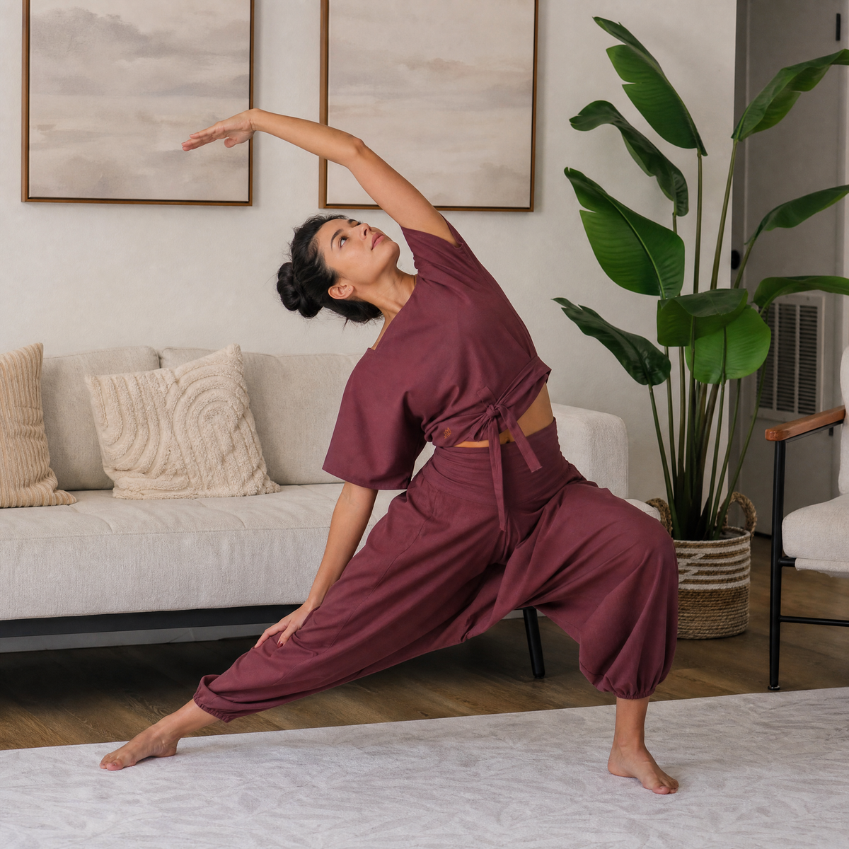 Women 100% Cotton Zero Waste Cotton Yoga Harem Pants and Yoga Top Set - In Rose Pink — view 10