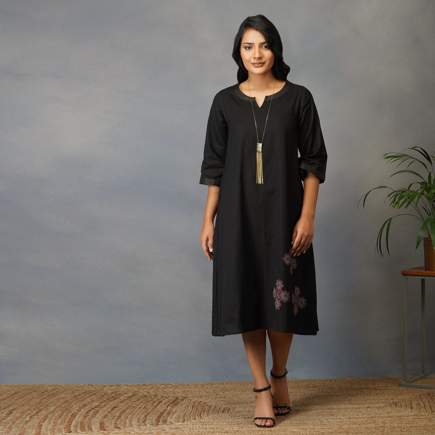 Black A Line Dress with Handblock Ajrak Patch Work