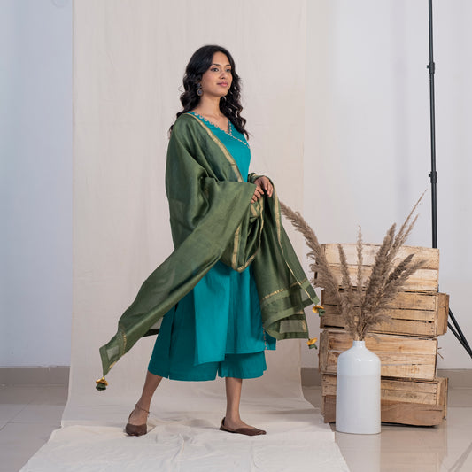 Blue Angrakha Embroided Kurta Set With Plazzo and Green Dupatta
