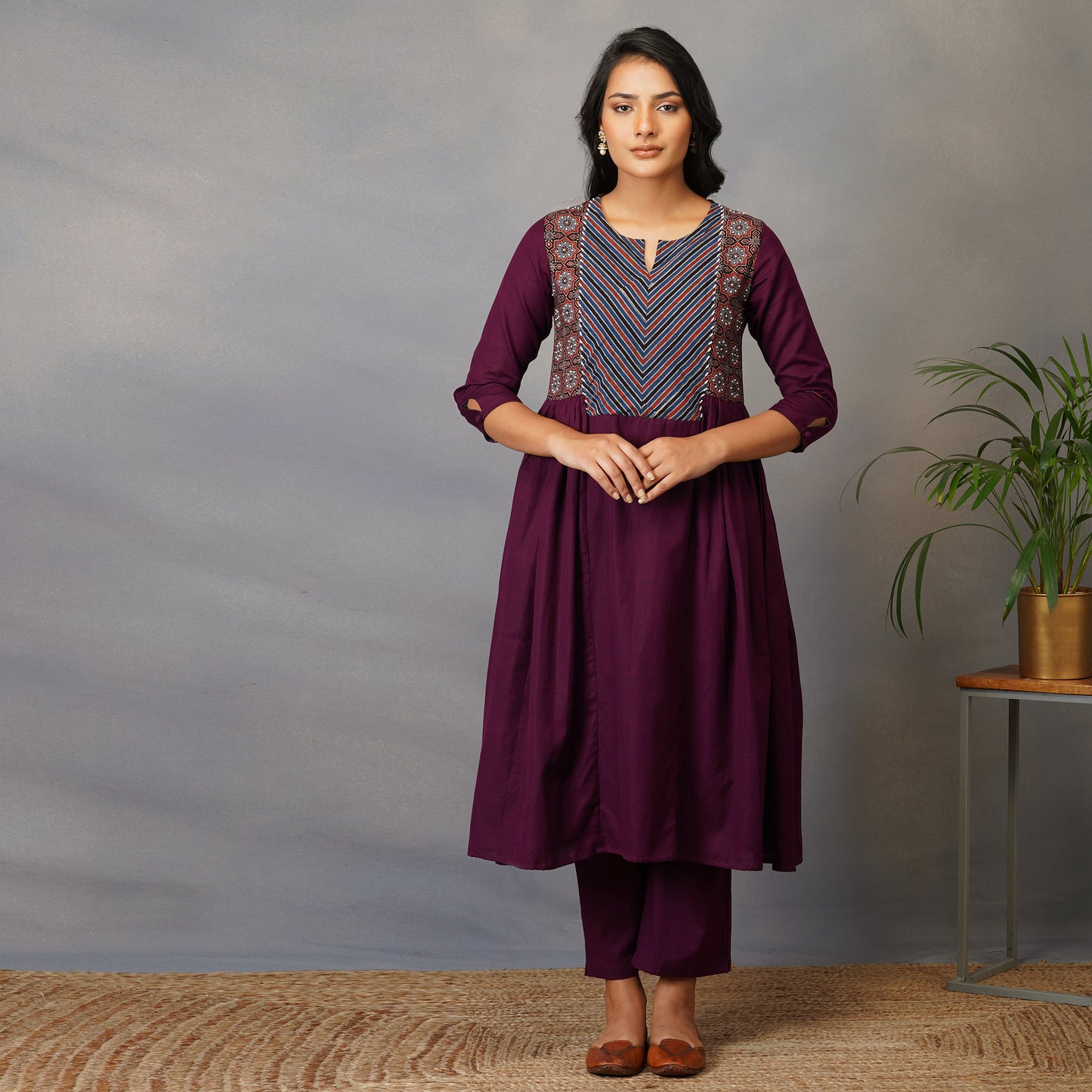 Mulberry (Purple) Side Panel Kurta with Handblock Ajrak