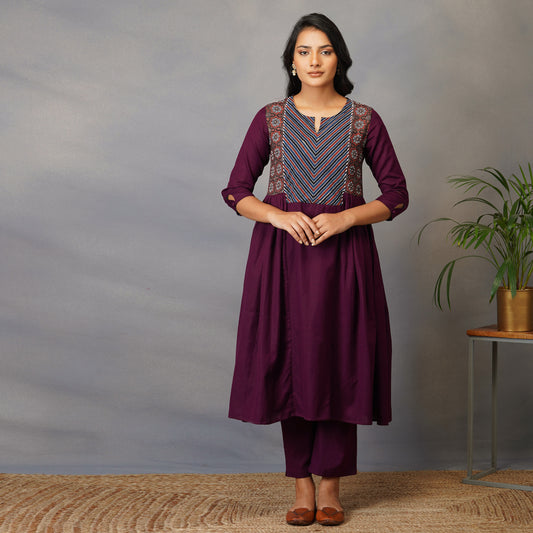 Mulberry (Purple) Side Panel Kurta with Handblock Ajrak