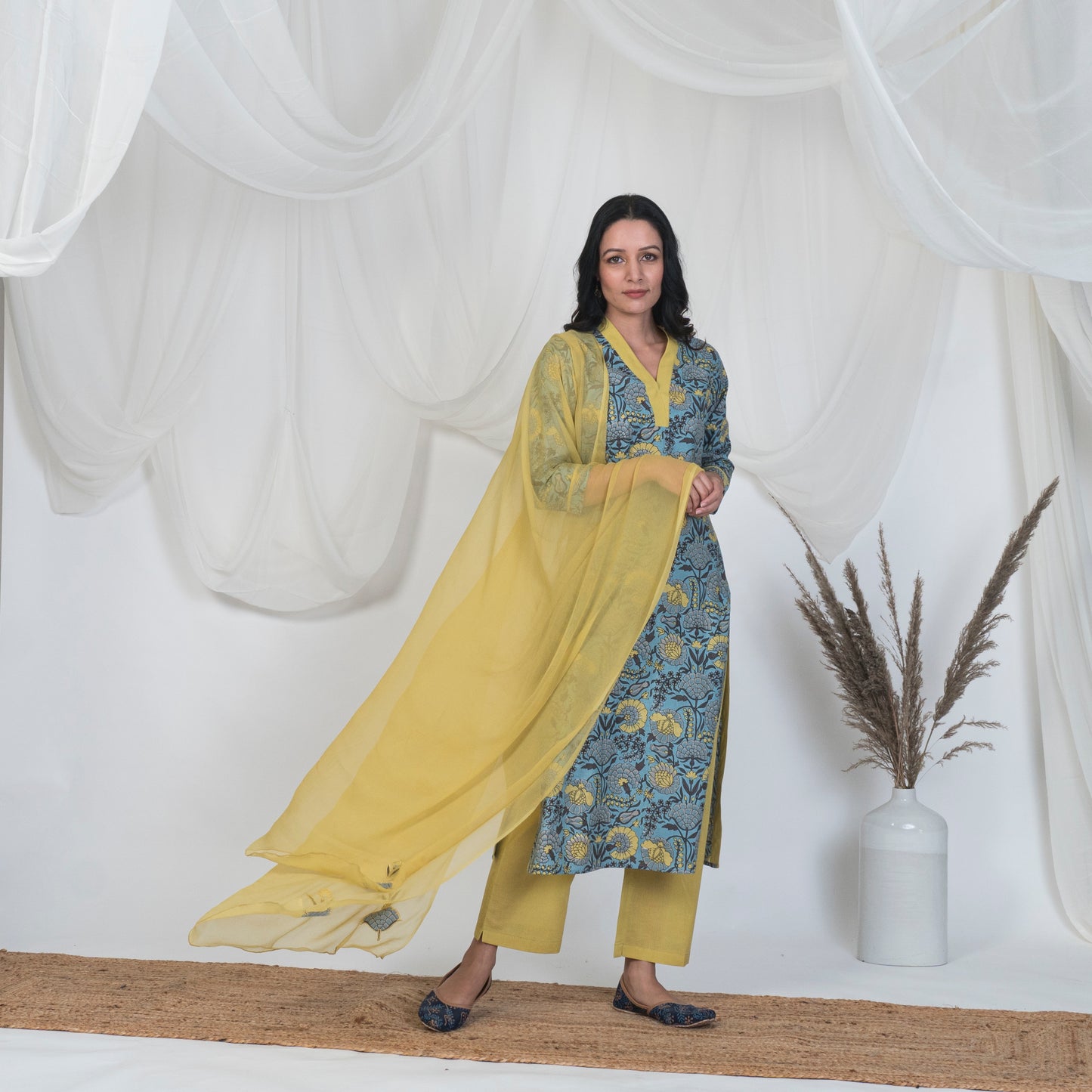 V Neck Kurta Set in Blue and Yellow with Solid pants and Embroidered Dupatta