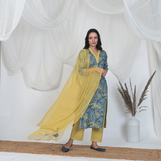 V Neck Kurta Set in Blue and Yellow with Solid pants and Embroidered Dupatta