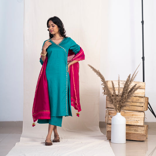 Blue Angrakha Embroided Kurta Set With Plazzo and Pink Dupatta