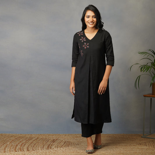 Black Straight Kurta with Ajrak Applique work