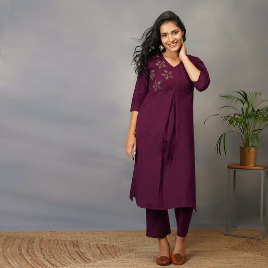 Mulberry (Purple) Straight Kurta with Ajrak Applique work
