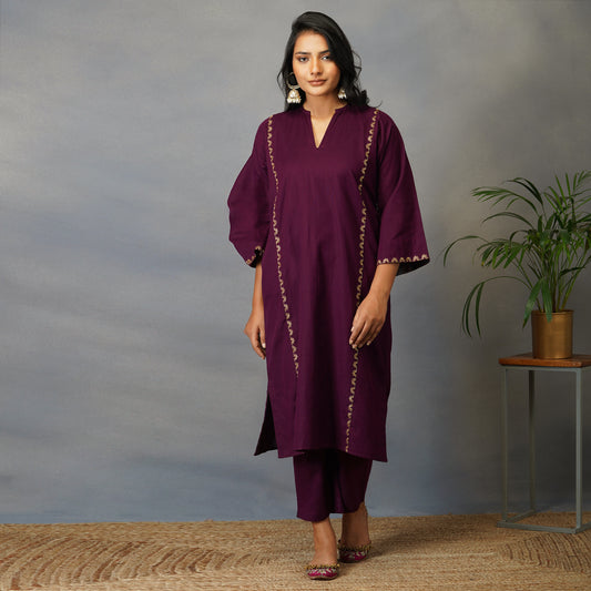 Mulberry (Purple) Phiran Style Kurta with Zari Embroidery