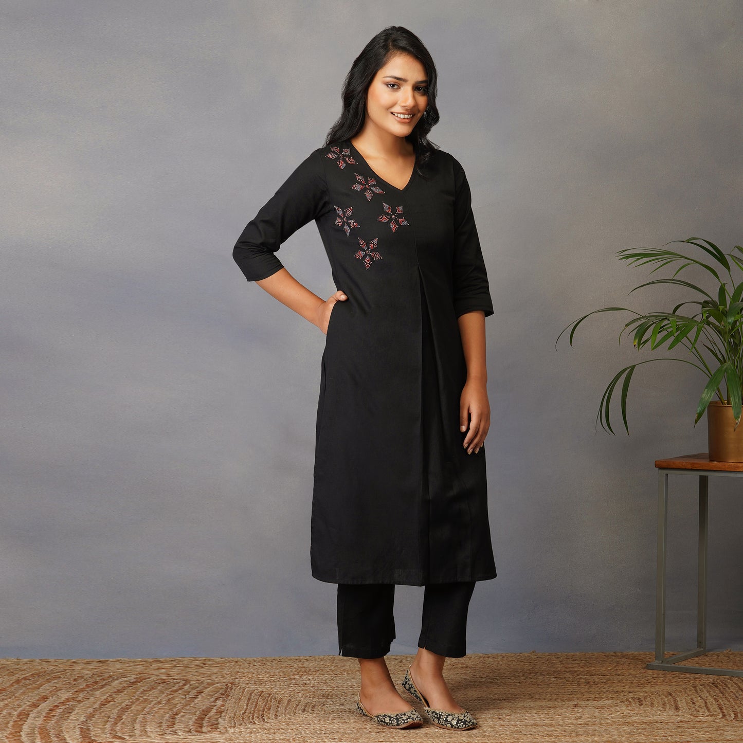 Black Straight Kurta with Ajrak Applique work