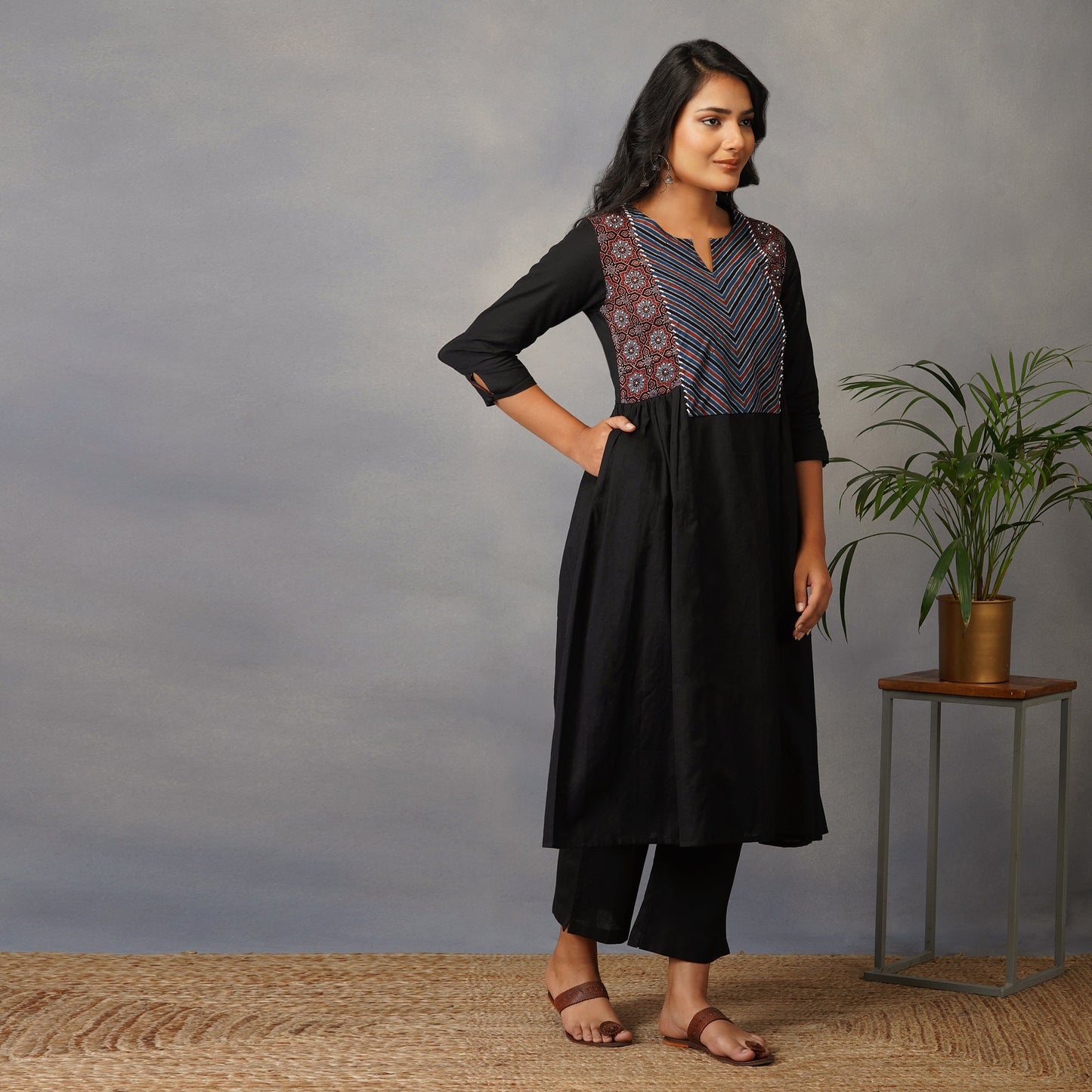 Black Side Panel Kurta with Handblock Ajrak Set with pants (set of 2)