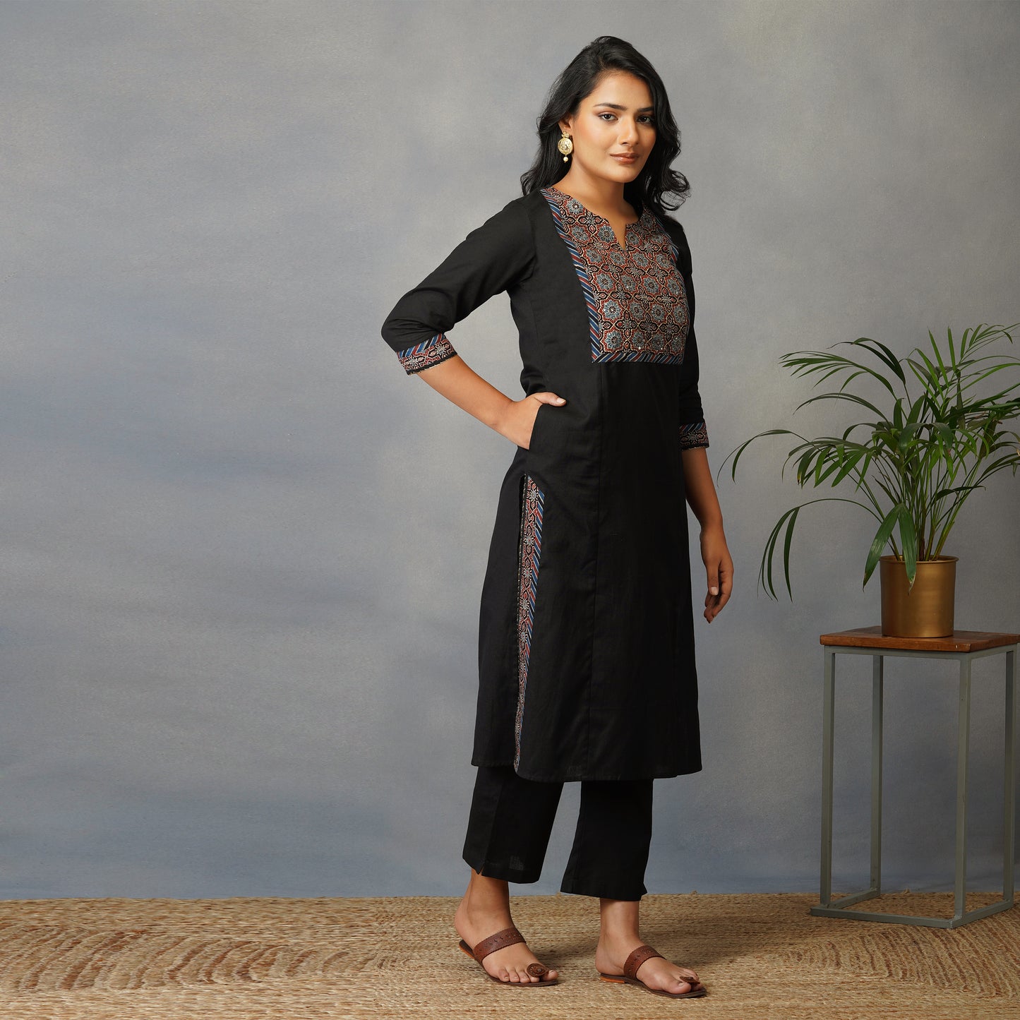 Black Straight Kurta with Ajrak Yoke in Zari Embroidery