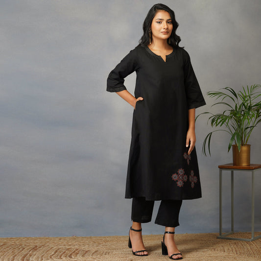 Black A Line Kurta with Handblock Ajrak Patch Work Set with Pants (Set of 2)