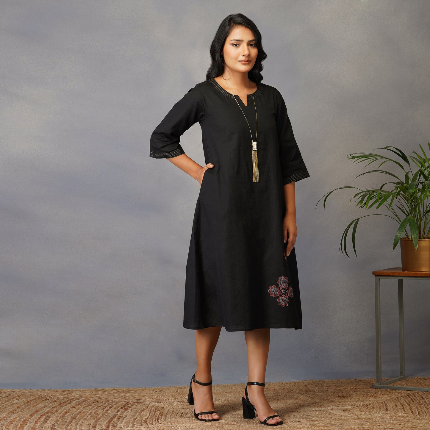 Black A Line Dress with Handblock Ajrak Patch Work