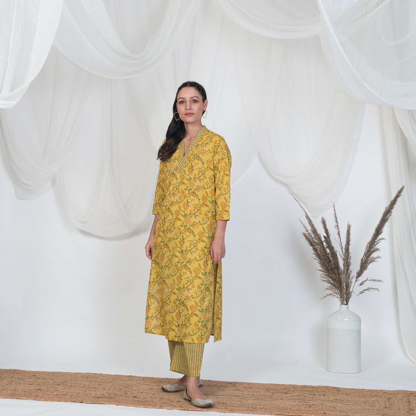V Neck Kurta in Yellow Print