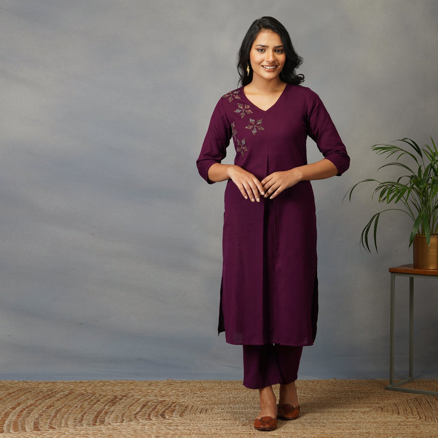 Mulberry (Purple) Straight Kurta with Ajrak Applique work set with Pants (Set of 2)