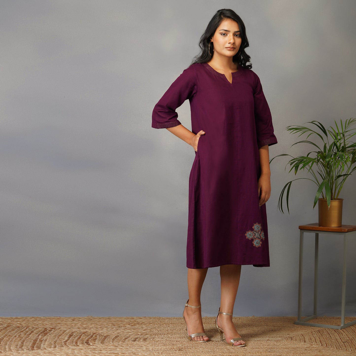 Mulberry (Purple) A Line Dress with Handblock Ajrak Patch Work