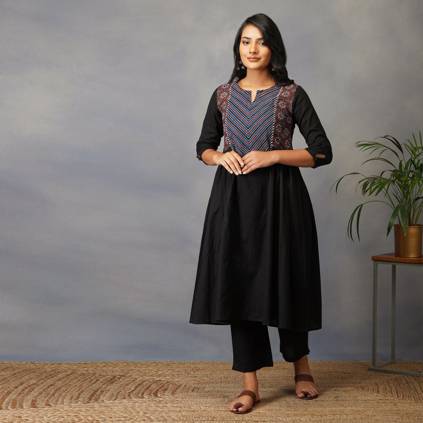 Black Side Panel Kurta with Handblock Ajrak