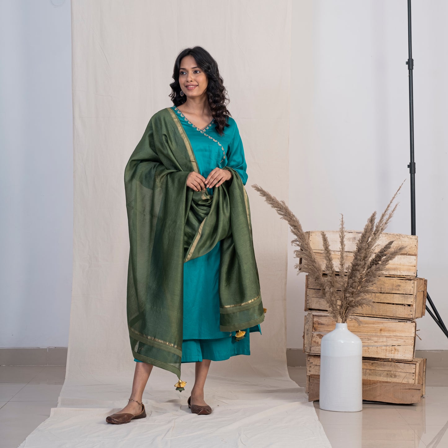 Blue Angrakha Embroided Kurta Set With Plazzo and Green Dupatta