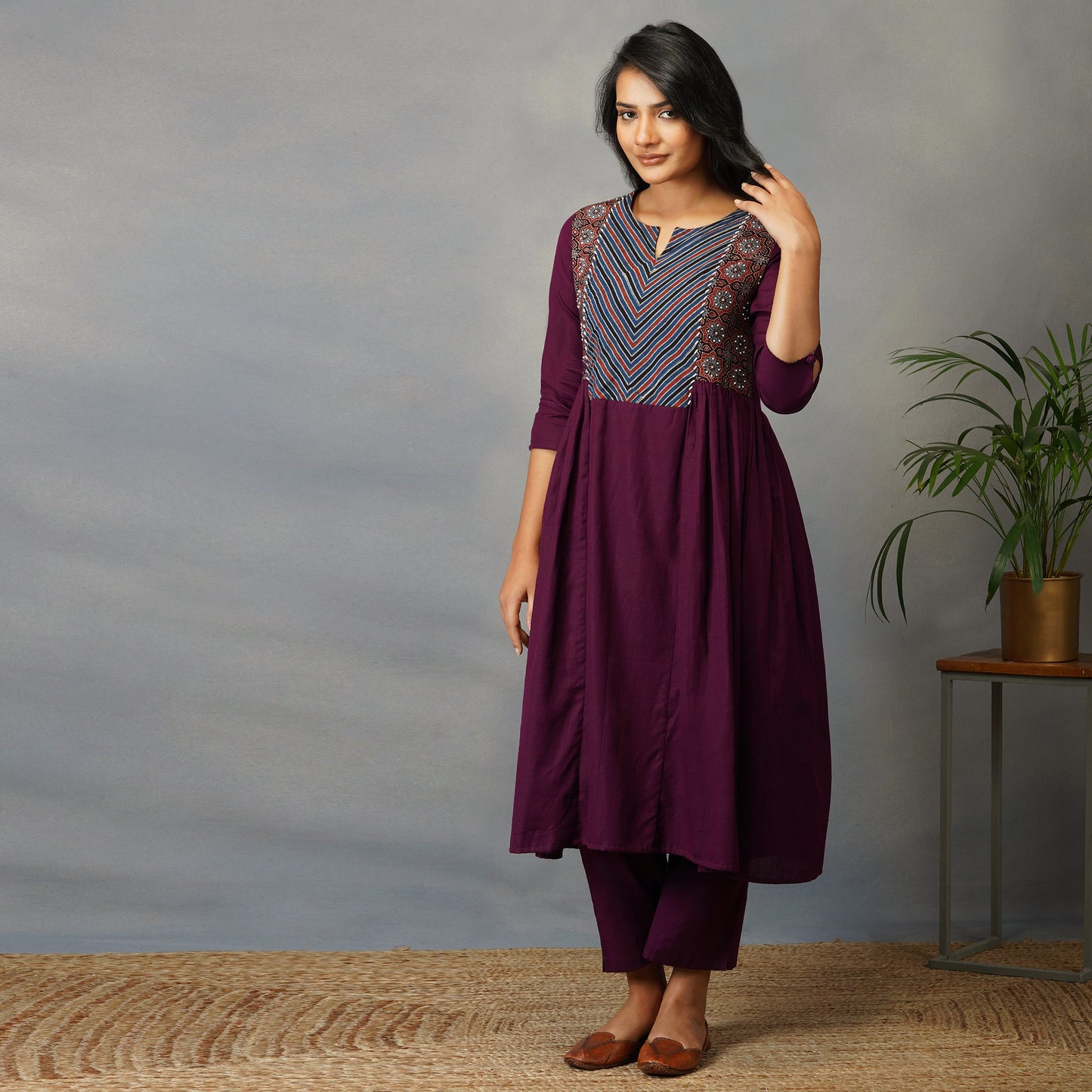 Mulberry (Purple) Side Panel Kurta with Handblock Ajrak Set with pants (set of 2)
