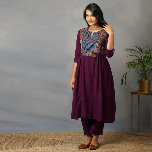 Mulberry (Purple) Side Panel Kurta with Handblock Ajrak Set with pants (set of 2)