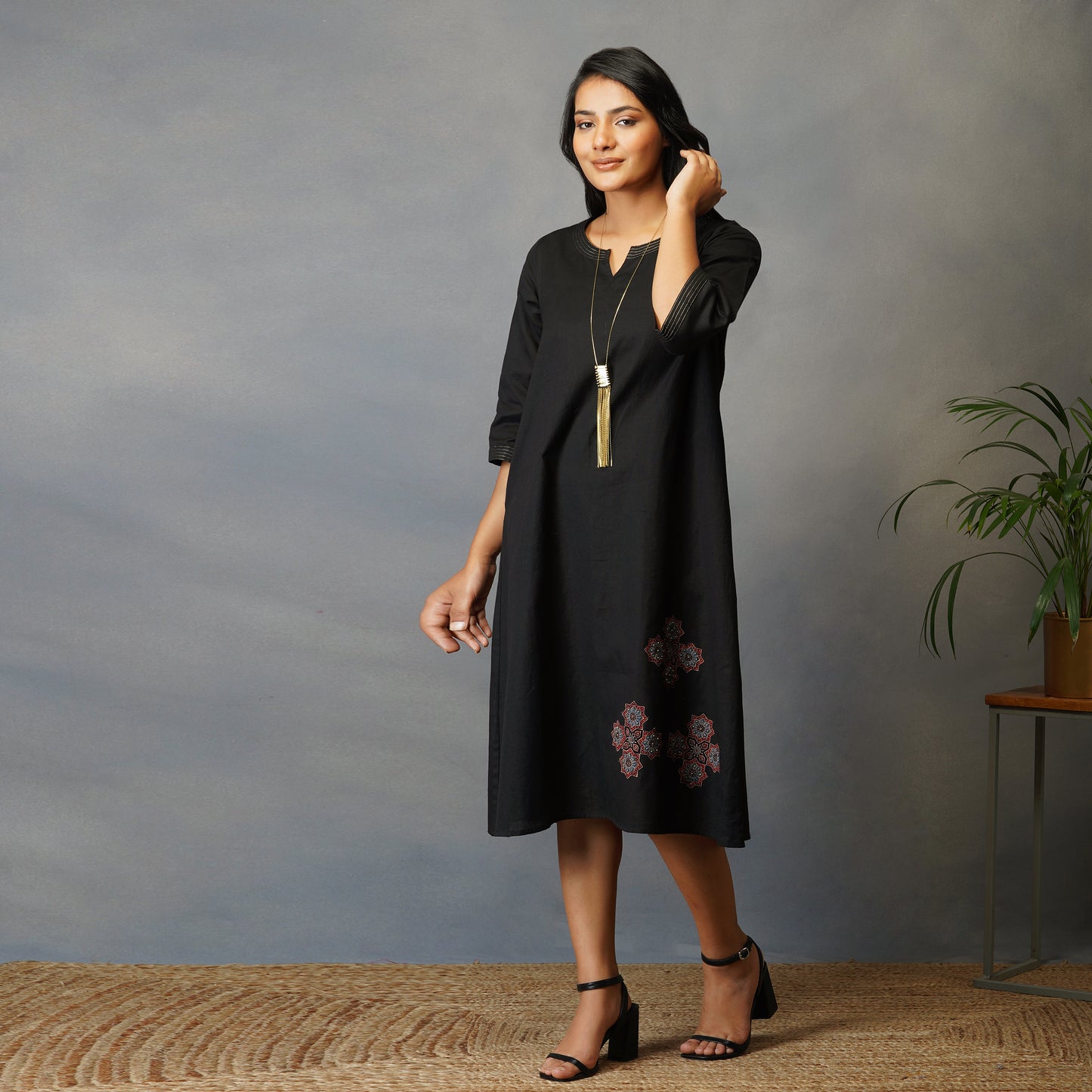 Black A Line Dress with Handblock Ajrak Patch Work
