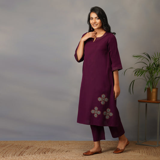 Mulberry (Purple) A Line Kurta with Handblock Ajrak Patch Work Set with Pants (Set of 2)