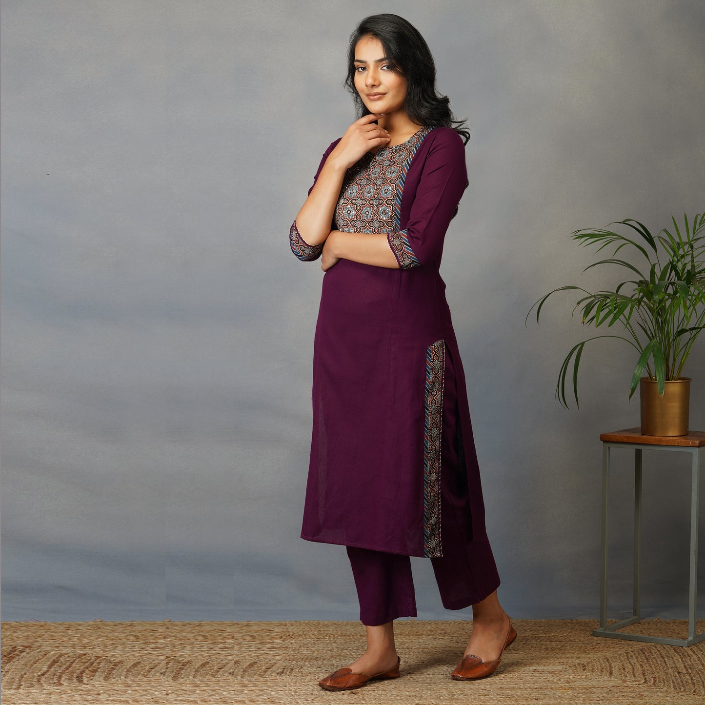 Mulberry (Purple) Straight Kurta with Ajrak Yoke in Zari Embroidery