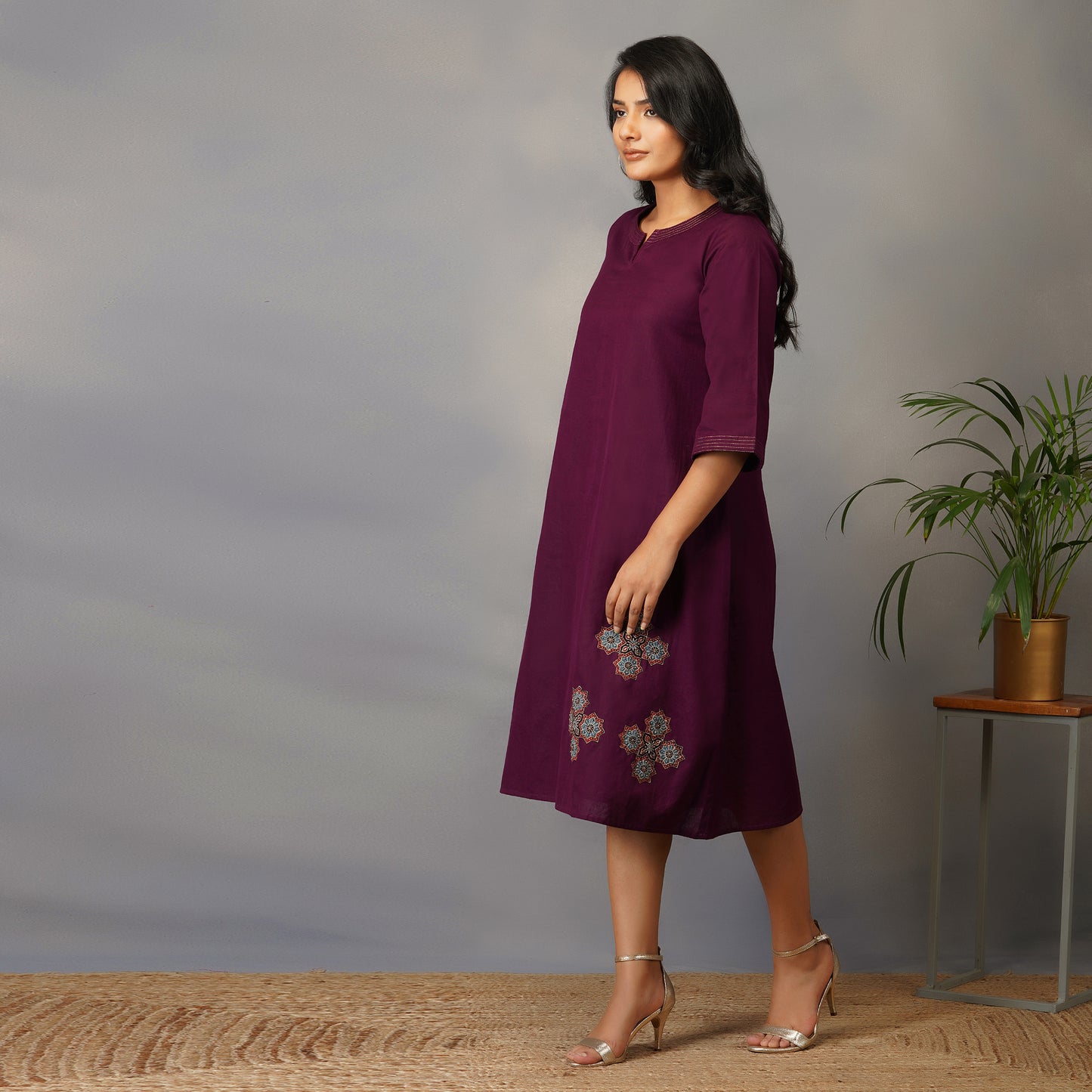 Mulberry (Purple) A Line Dress with Handblock Ajrak Patch Work