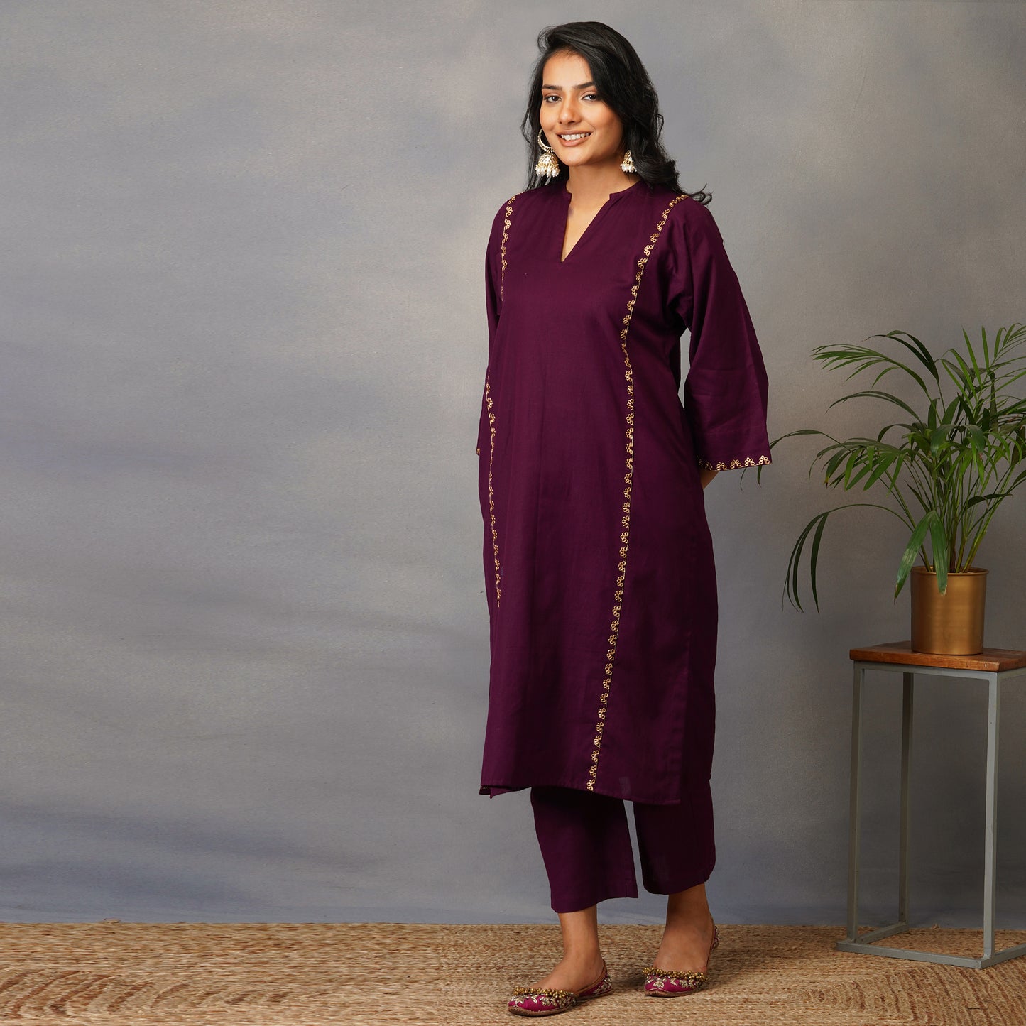 Mulberry (Purple) Phiran Style Kurta with Zari Embroidery Set with Pants (set of 2)