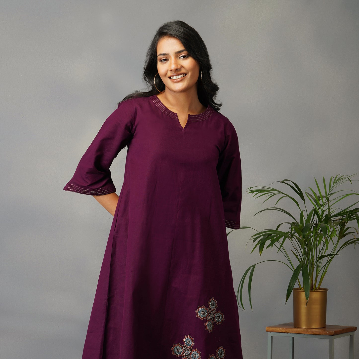 Mulberry (Purple) A Line Dress with Handblock Ajrak Patch Work