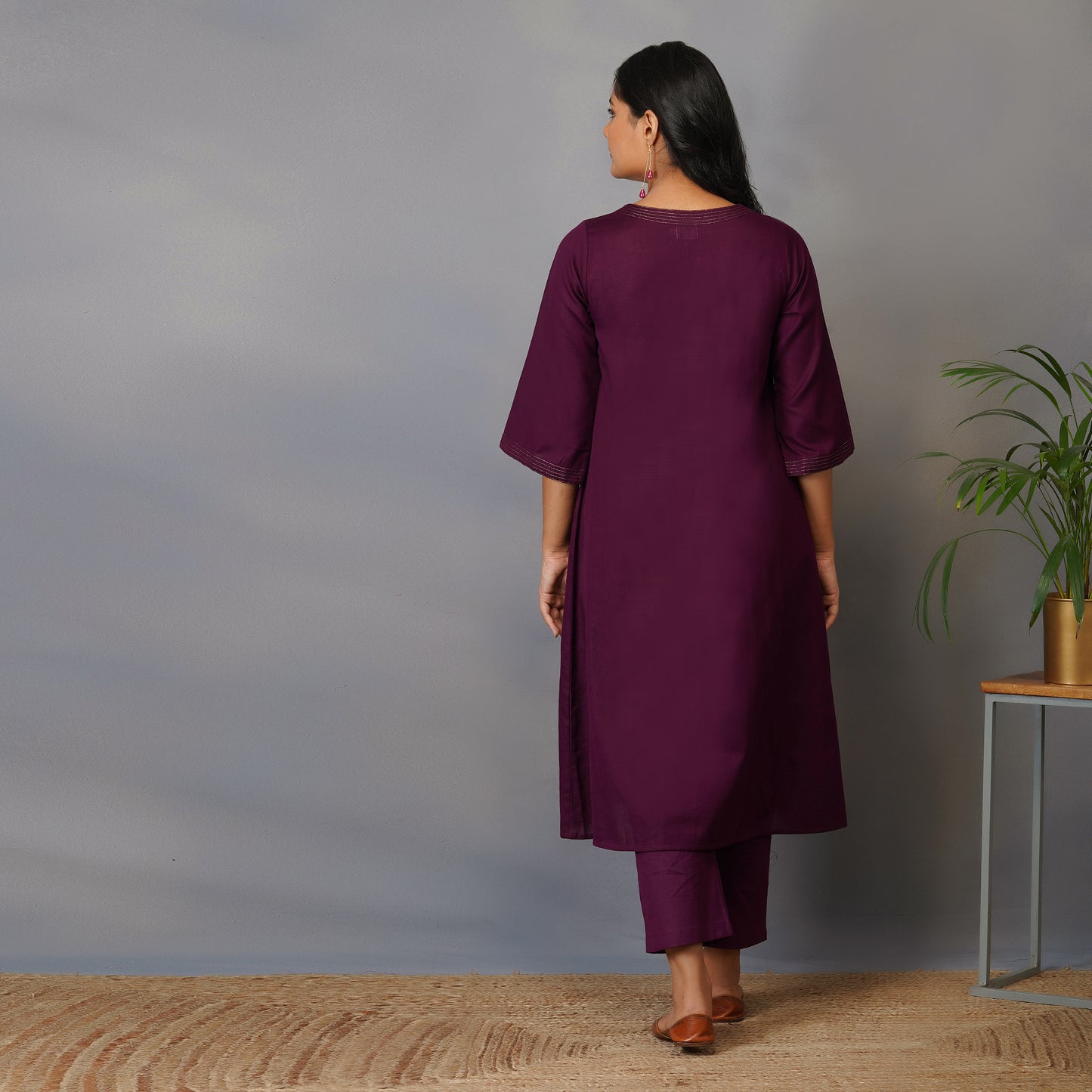 Mulberry (Purple) A Line Kurta with Handblock Ajrak Patch Work Set with Pants (Set of 2)