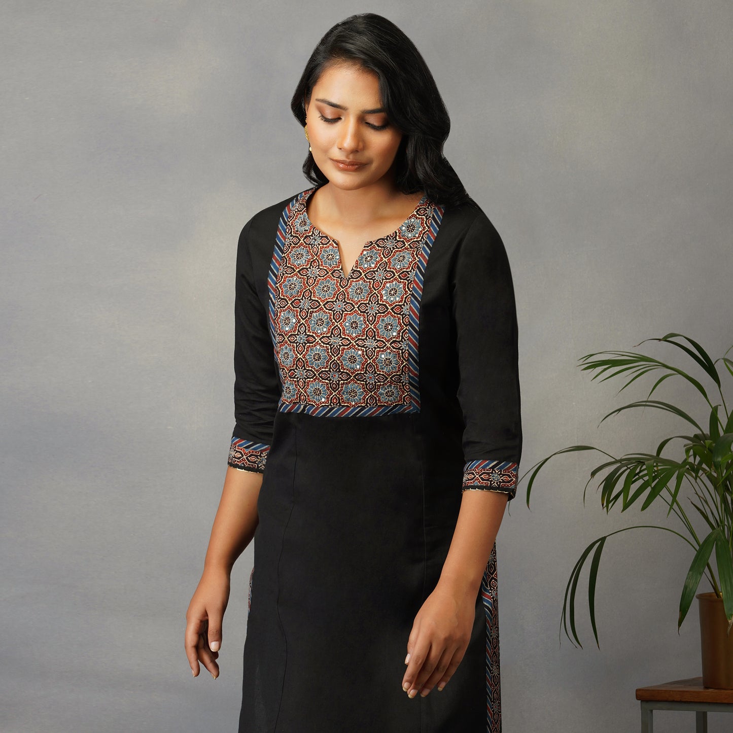 Black Straight Kurta with Ajrak Yoke in Zari Embroidery