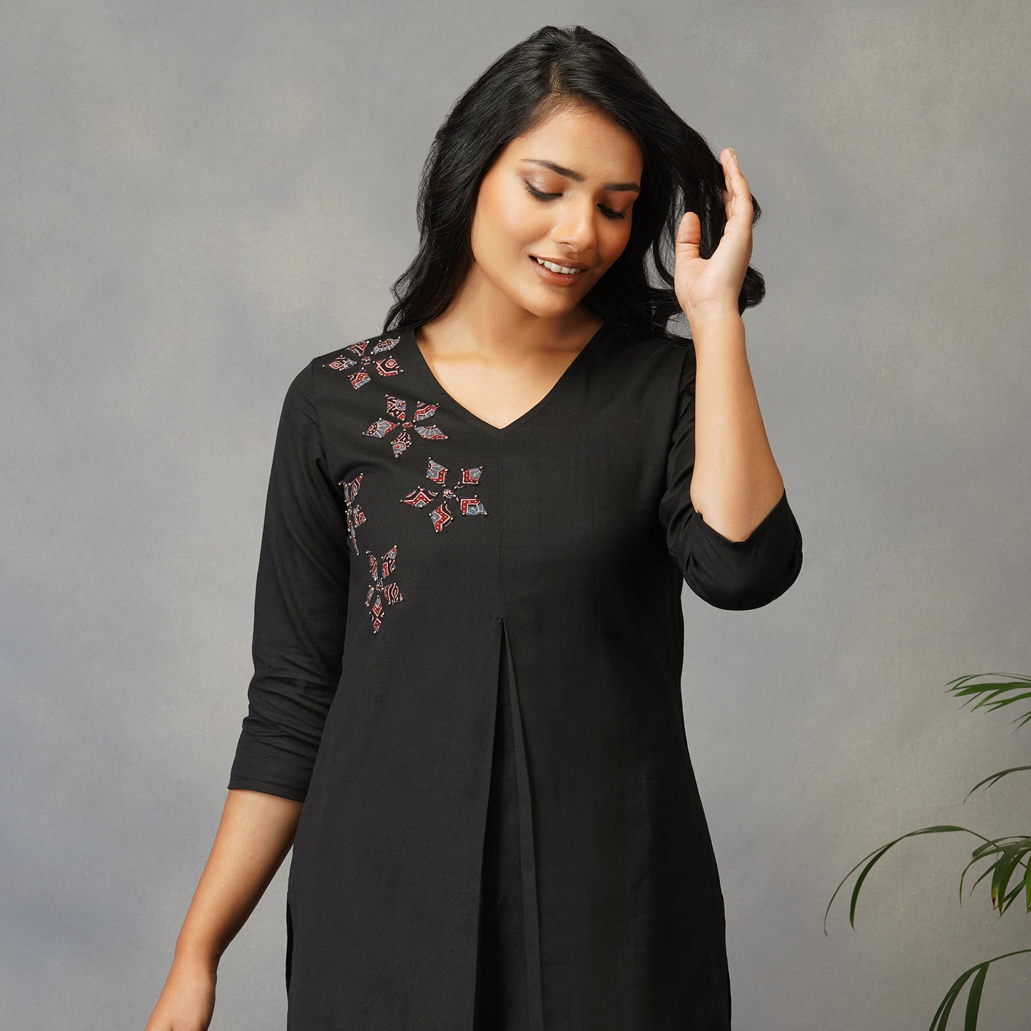 Black Straight Kurta with Ajrak Applique work