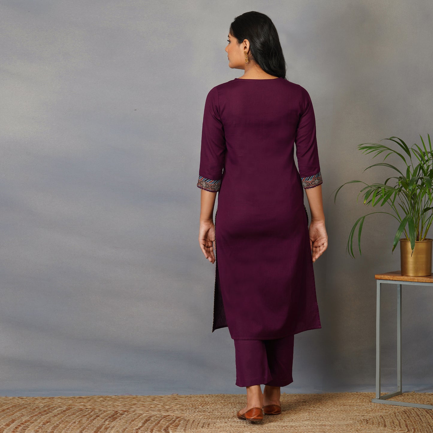 Mulberry (Purple) Straight Kurta with Ajrak Yoke in Zari Embroidery