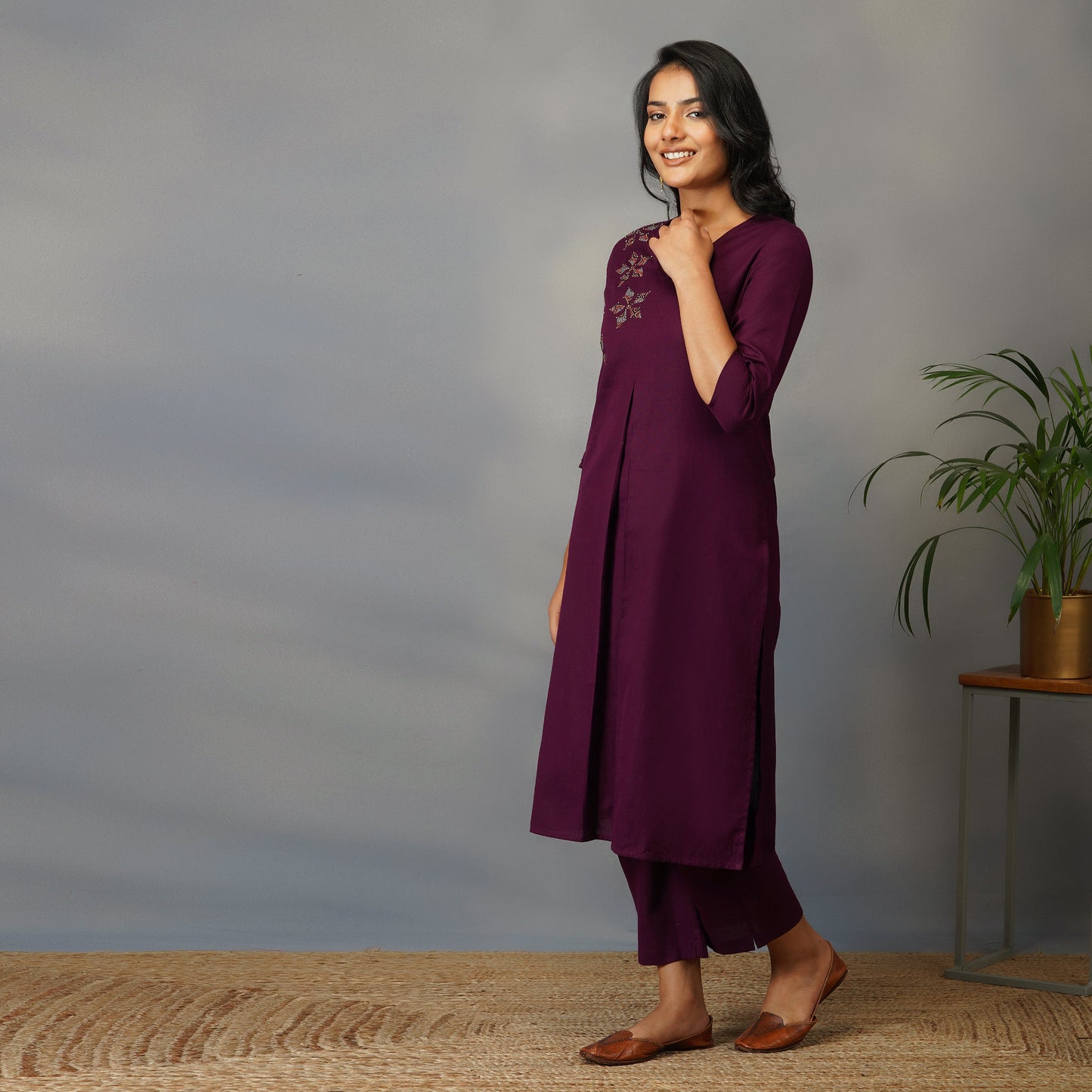 Mulberry (Purple) Straight Kurta with Ajrak Applique work set with Pants (Set of 2)