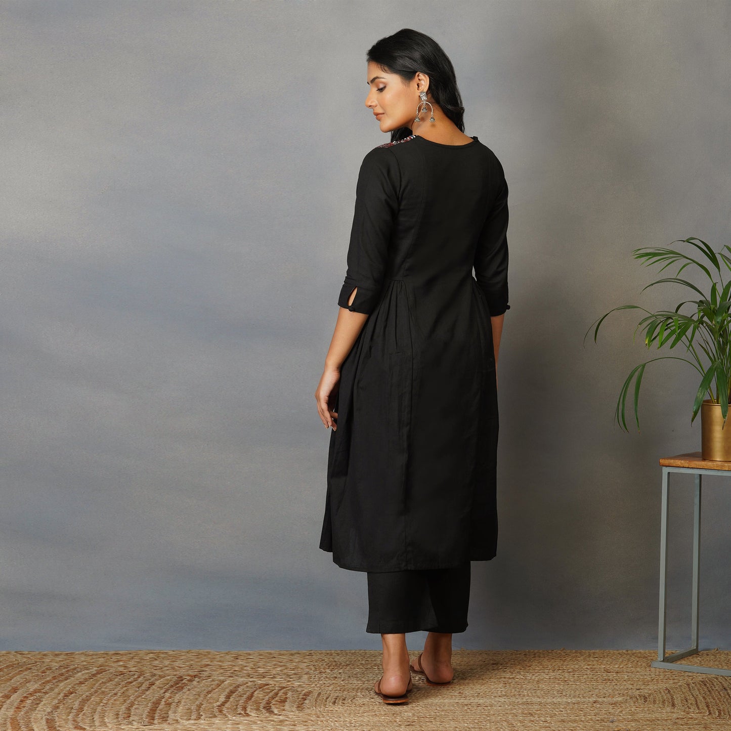 Black Side Panel Kurta with Handblock Ajrak Set with pants (set of 2)