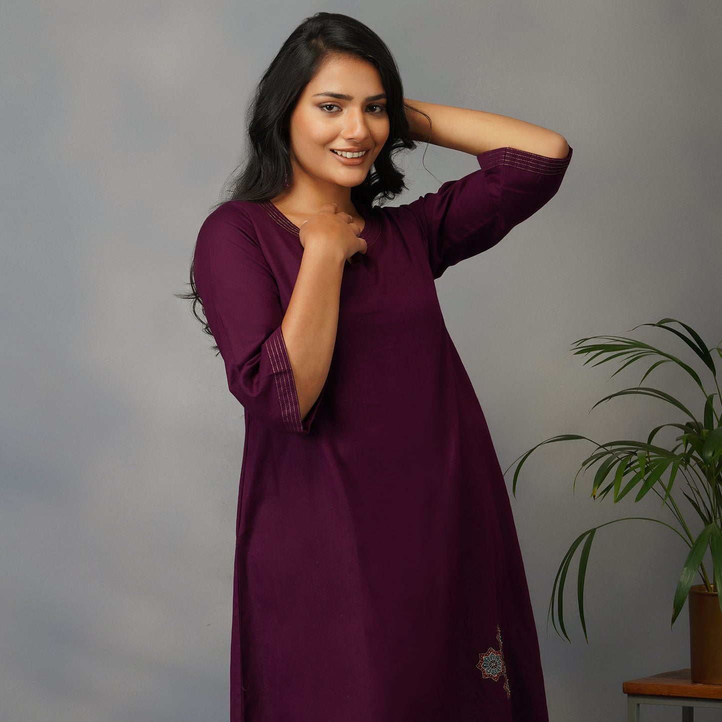 Mulberry (Purple) A Line Kurta with Handblock Ajrak Patch Work Set with Pants (Set of 2)