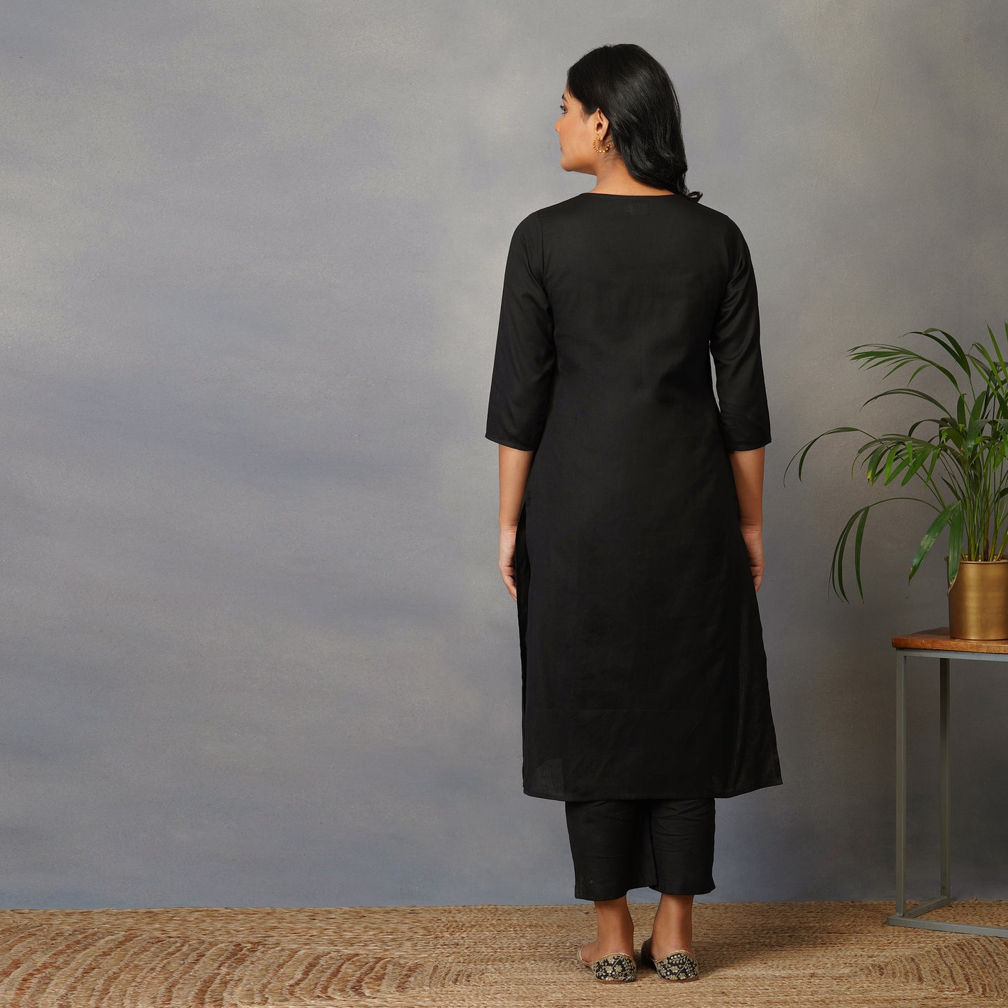 Black Straight Kurta with Ajrak Applique work
